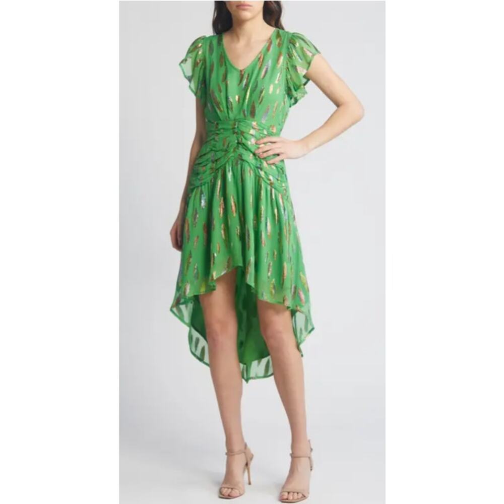 Ciebon Palmina Metallic Leaf Print‎ High-Low Dress in Lime Medium